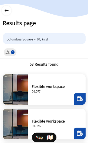 Screen capture of the Results page listing the facilities found