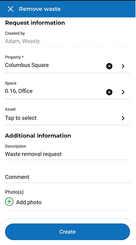 Screen capture of Planon app displaying Request information