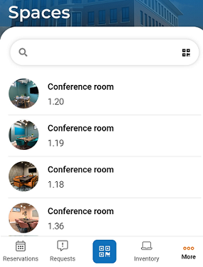 Screen of Planon app displaying the Spaces page