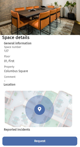 Screen of Planon app displaying the Space details page